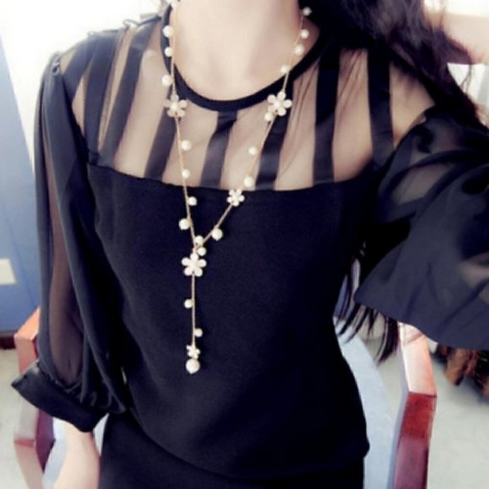 Flower Pearl Long Necklace boho chain jewelry …